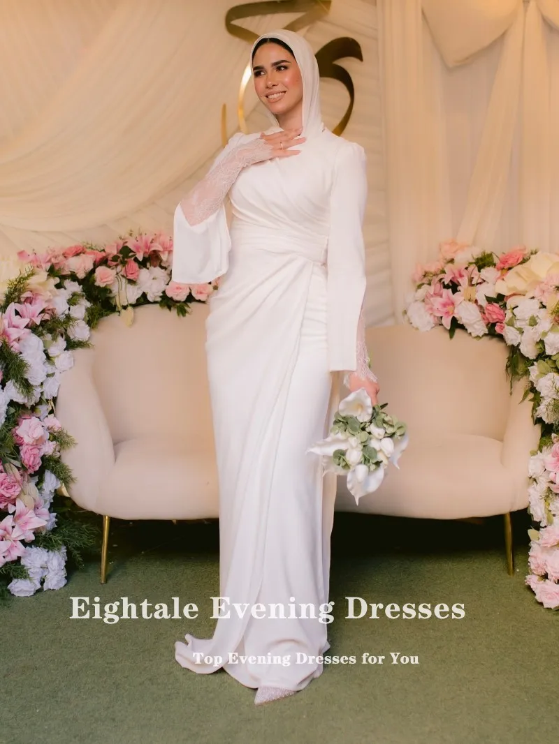Eightale Arabisches Hochzeitskleid mit O-Ausschnitt, individuell gestaltet, weiß, elfenbeinfarben, Perlen, lange Ärmel, muslimisches Brautkleid, Meerjungfrau-Braut-Partykleid