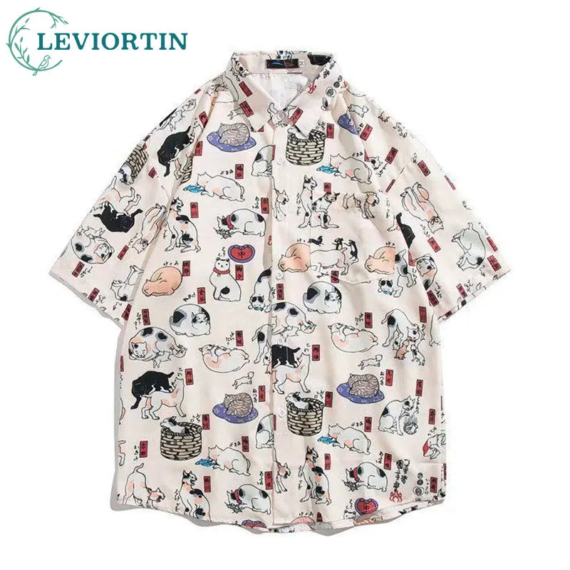 

Harajuku Summer Mens Loose Cartoon Animals Print Graffiti Short Sleeve Shirt Hip Hop BF Style Versatile Aloha Tops Shirts