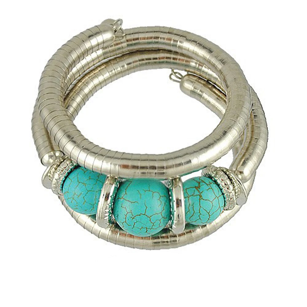 Tibetan Vintage Turquoise Stone Bracelet for Women Adjustable Snake Bones Wrapped Bangles Boho Gypsy Ethnic Tribe Hand Jewelry