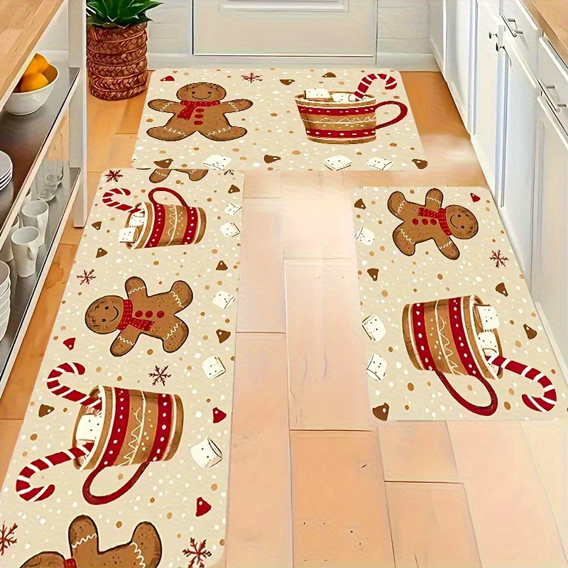 VIKAMA Gingerbread Hot Cocoa Printed Carpet Bedroom, Extracurricular Non Slip Carpet Kitchen Absorbent Floor Mat Home Decoration