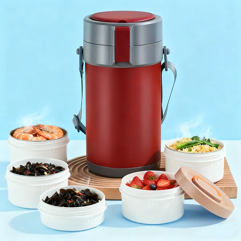 

Colored Stainless Steel Lunch Box 2 Stackable Container Folding Cutlery Shoulder Belt Customizable Print Single Lids