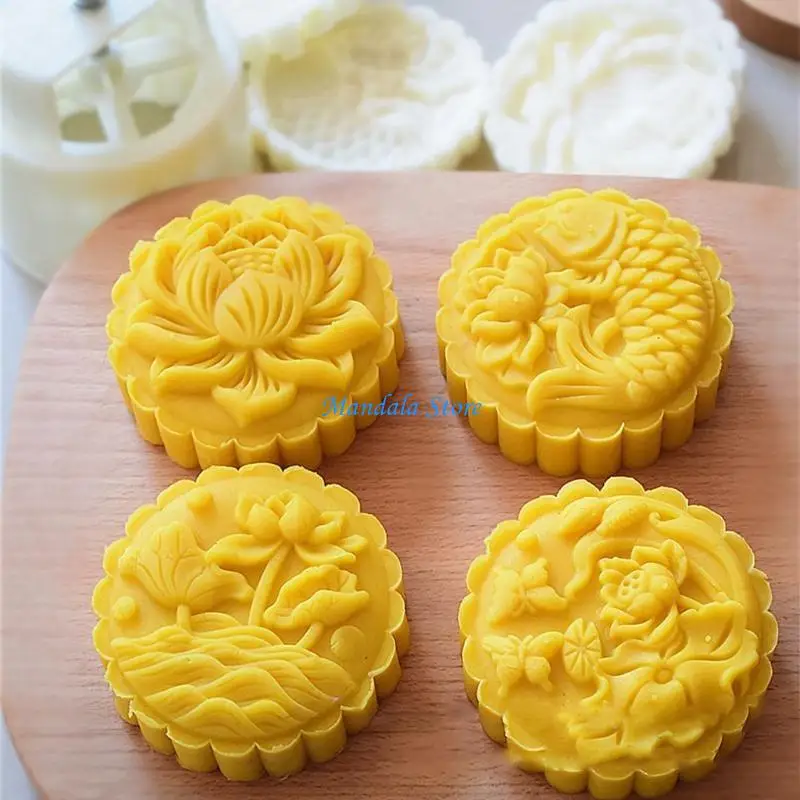 U2JC Plastic Mooncake Mold 3D Flower Fish Stamps Cookie Cutter Moulds Or 200g