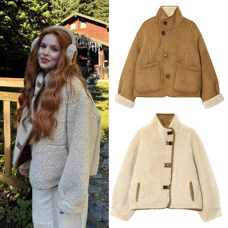 

NERHEFZ Autumn Women Double Faced Jacket Casual High Collar Long Sleeve Pcoket Lady Reversible Faux Suede Coats Female Chic Tops