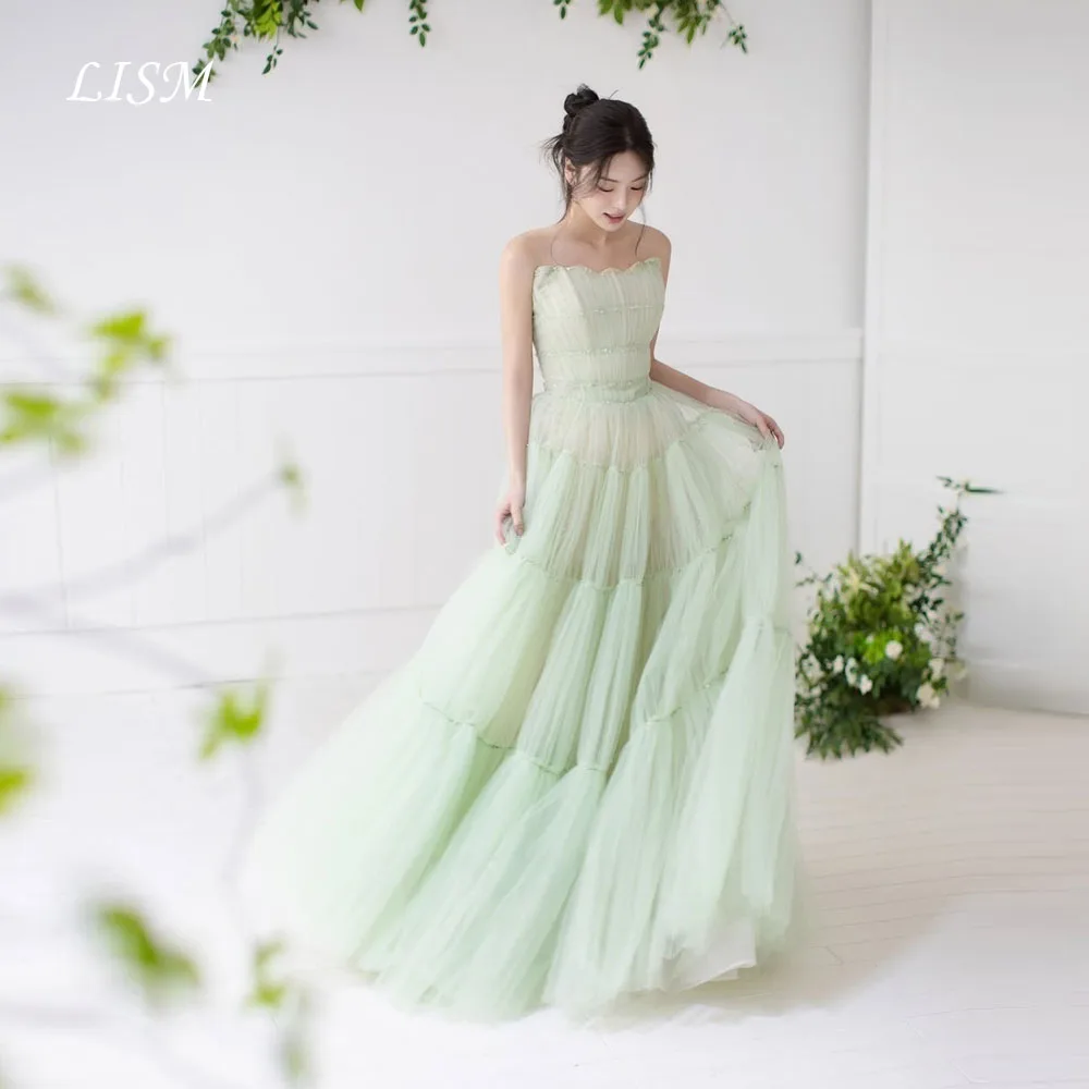 

Индивидуальные вечерние платья LISM мятно-зеленого цвета в корейском стиле, без бретелек, из мягкого тюля, длинное свадебное платье для фотосессии, платье для девичника