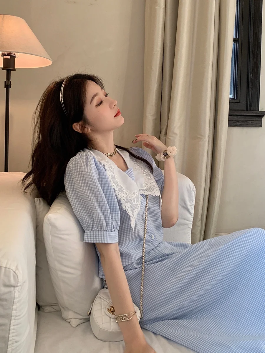 

Blue Anti-Aging Set ort Top Mid-Length f Skirt Ele Two-Piece Set Cotton Fabric for Young Women 8-25 Years Old