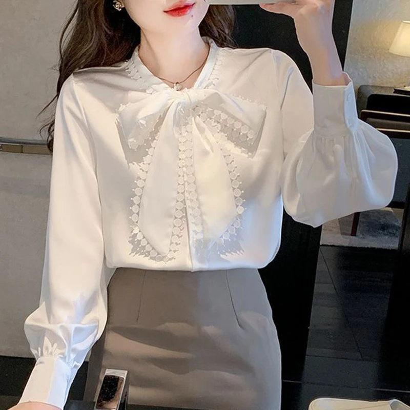 

Chic Lace Up Bowknot Shits Women Spring Autumn 2025 O-Neck Long Sleeve Blouse Woman Casual White Chiffon Shirt Ladies