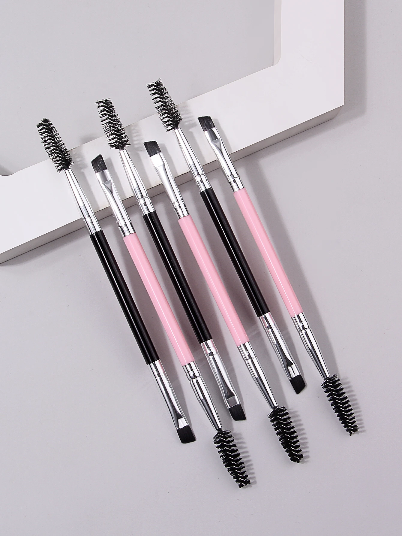 6Pcs Dual‑End Eyebrow Makeup Brushes Double Sided Spoolie Angled Brush Black Pink Handle Eye Cosmetic Makeup Tools