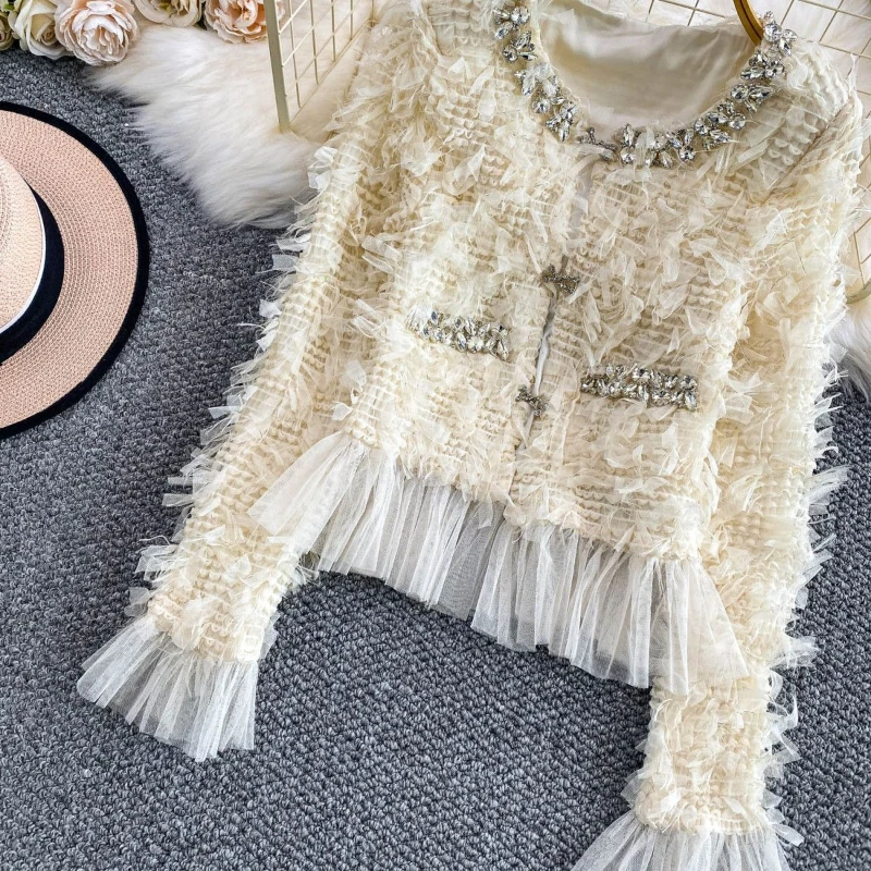 Small fragrant style heavy industry's diamond studded long sleeved three-dimensional tassel coat women's autumn slim fit top
