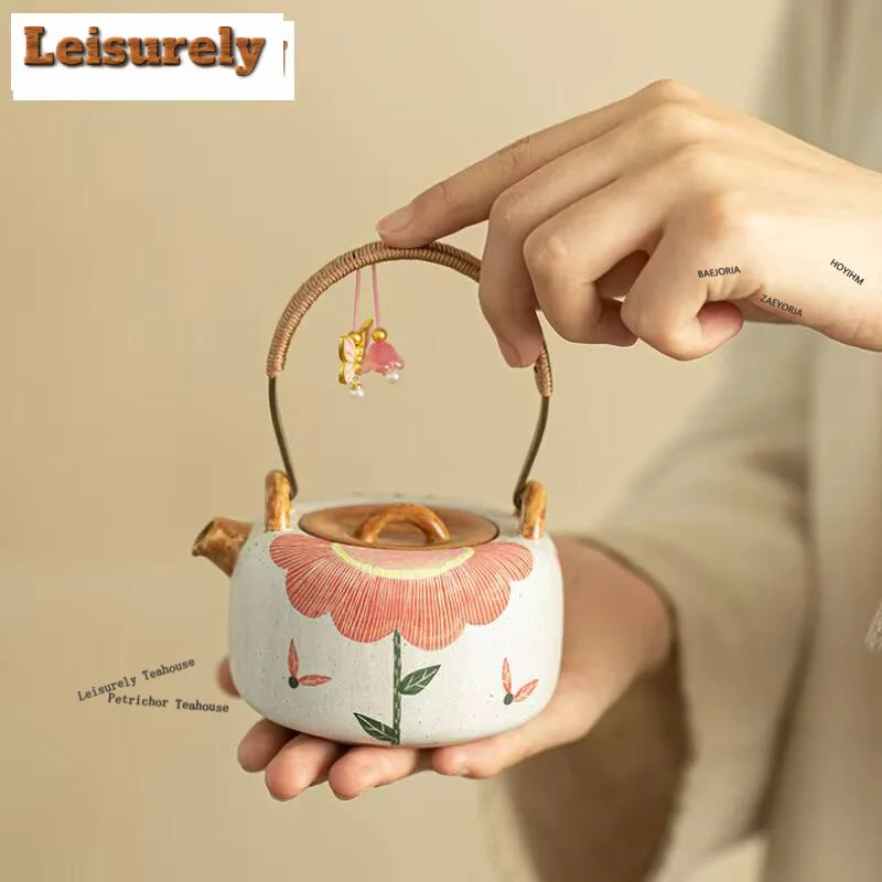 210ml Powder Yin Loop-handled Teapot Hand-painted Sunflower Tea Pot With Filter Boutique Pot Tea Soaking Kettle Tableware Crafts