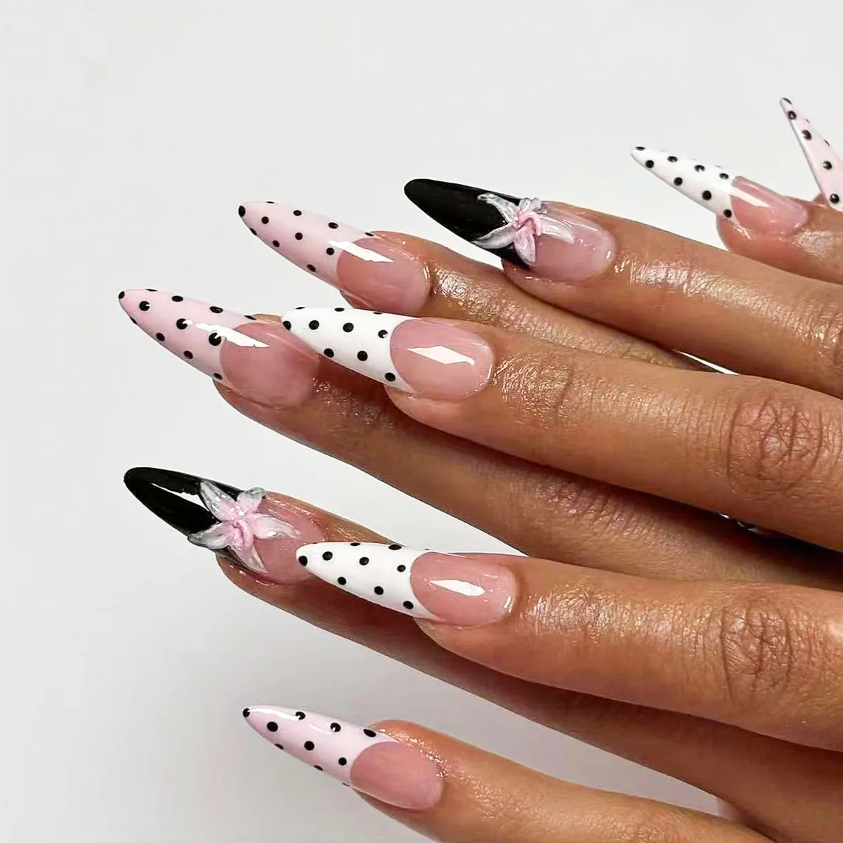 

10 шт. ногти ручной работы в горошек — розовые, белые и черные с 3D цветочным декором, милые принадлежности для ногтей в стиле ретро
