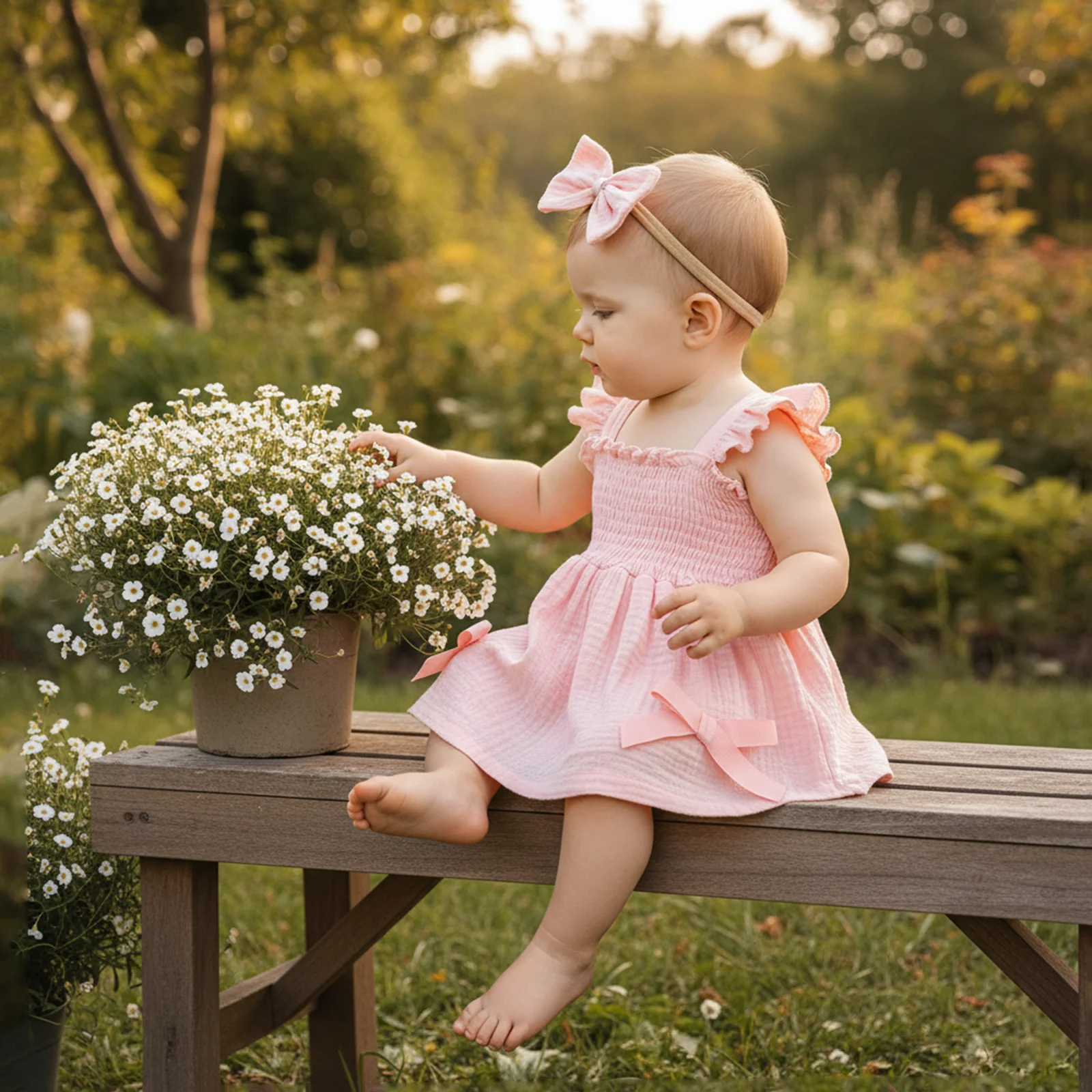 

Baby Girl 2 Piece Bodysuits Outfit Soft Sleeveless Square Collar Solid Color Ruffled Romper Dress Bow Headband Set