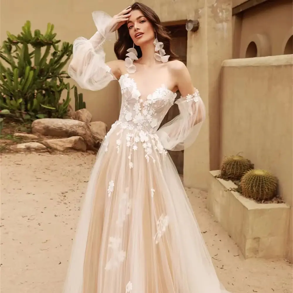 فساتين زفاف الأميرة على شكل حرف a للنساء مزينة بالدانتيل وأكمام واسعة فستان زفاف سويب تراين فيستدو دي نويفا حسب الطلب