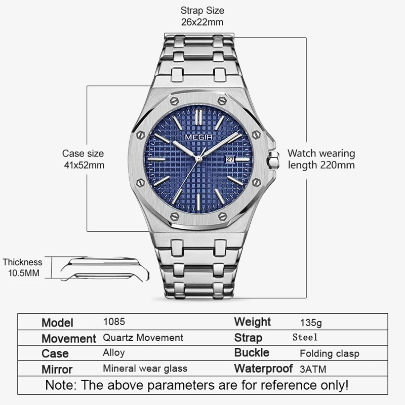 ساعات MEGIR للرجال من الفولاذ الناعم ساعة تناظرية كوارتز أصلية للرجال مقاومة للماء ومضيئة بمينا التاريخ
