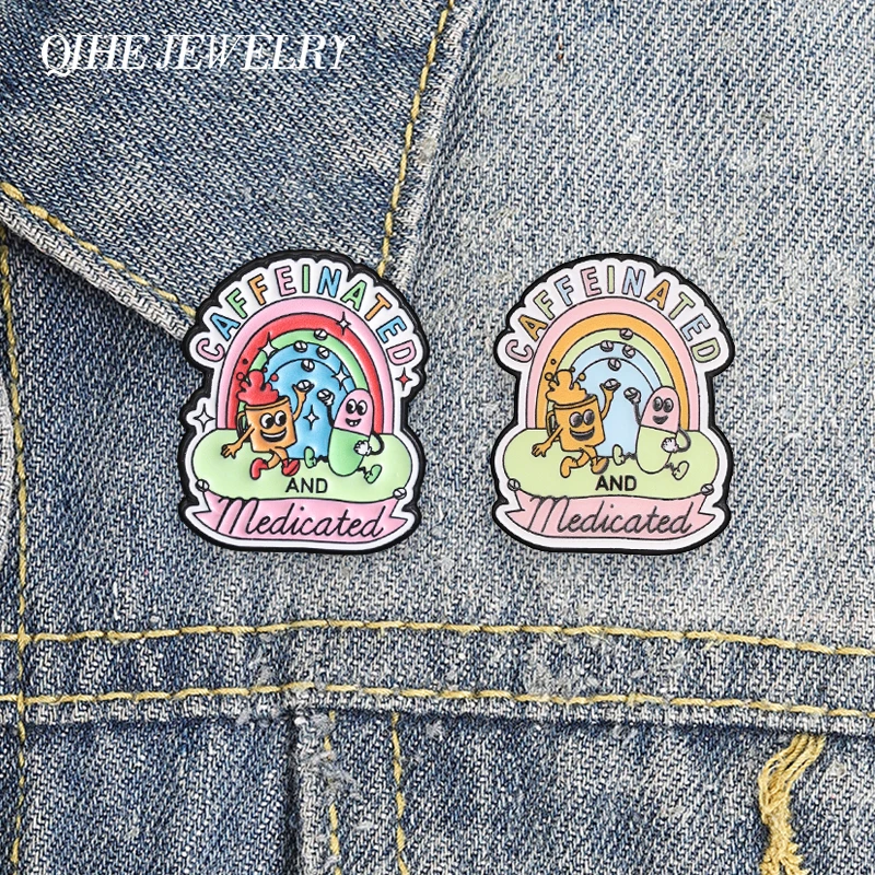 Caffeinated And Medicated Enamel Pins Rainbow Humor Adulting Coffee Cup & Medicine Pill Brooch Bag Badge Gift for Office Workers