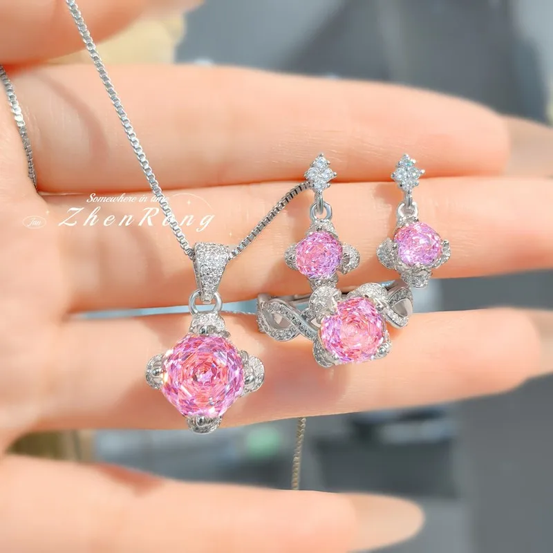 Rose-cut precious pendant, shiny diamond earrings, pink diamond ring set, women's jewelry, jewelry, gemstones
