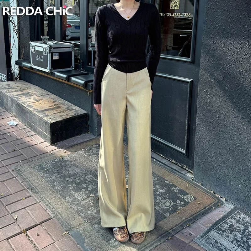 

ReddaChic Elegant Women Khaki Suit Trousers Simple Classic Loose High Waist Straight Casual Baggy Pants School Everyday Wear