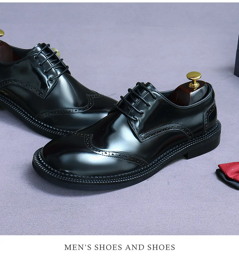 Zapatos Brogue Retro para Hombre, de Cuero Genuino de Lujo, Punta Redonda, Hechos a Mano, Planos, Color Marrón y Negro, para Bodas y Eventos Sociales