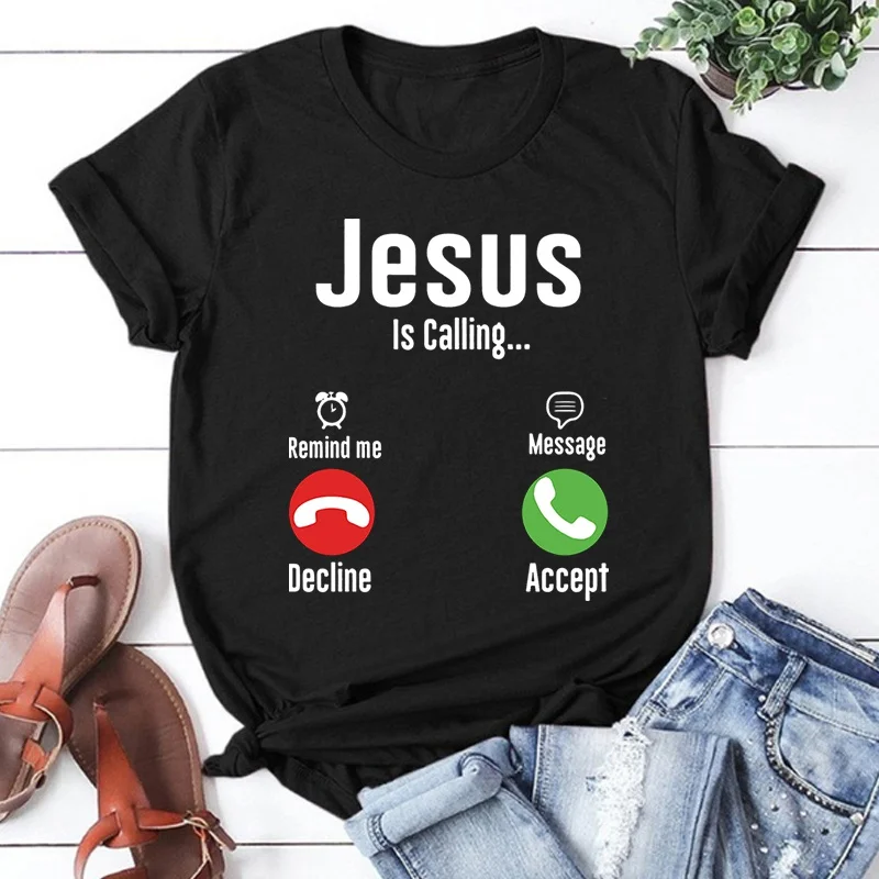 Fashion Jesus Is Calling Print T-Shirt Unisex Loose Short Sleeve Round Neck Top