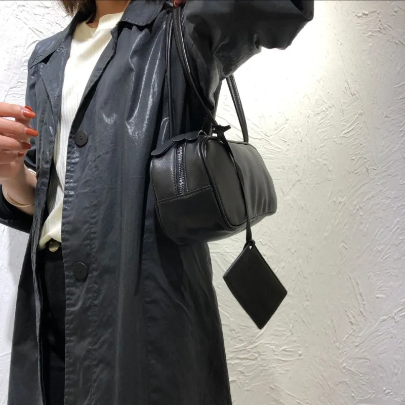 Simple Casual Genuine Leather Black Bags for Women Y2k Grunge Shoulder Underarm Tote Bag 2024 Autumn New Top-Handle Bags