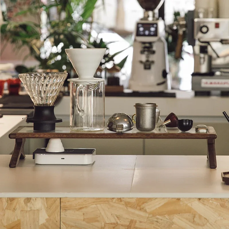 ‌Bar Counter Display Stand with Glass Shelves Coffee Shop Wooden Cup Rack for Wine Tea Sets Multi-Level Restaurant Organizer‌
