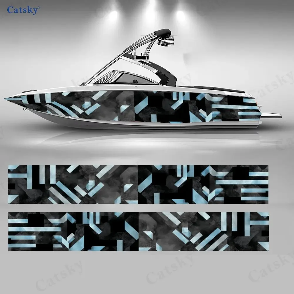 2Pcs Ice Blue Geometric Patchwork Boat Stickers, PVC Waterproof Vinyl Wrap Decals for Fishing Boats, Durable and Stylish Design
