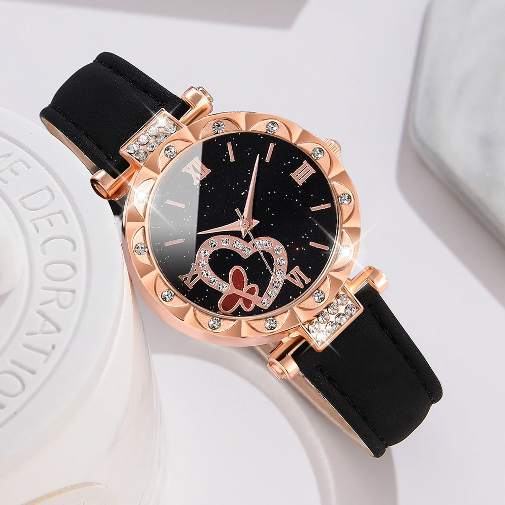 Simple Luxury Love Element Leather Black Strap Watch Casual Fashion Quartz Watch Is The Perfect Gift For Her (No Box)