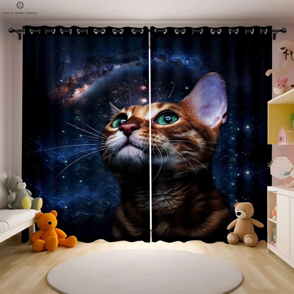 2 Pieces Starry Sky Funny Cat Print Curtains Machine Washable Bedroom Living Room Kids Room Window Decoration Curtains