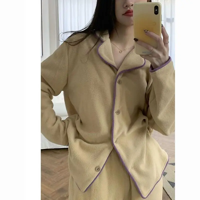

Ins Style Fleece Sleepwear for Women In Autumn and Winter Women's Pajama Set Thickened Coral Two-Piece Loungewear Home Clothes
