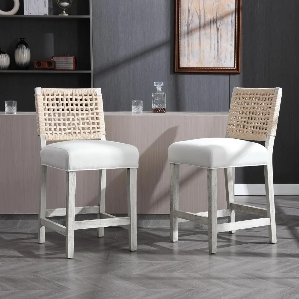

Set of 4 Farmhouse Bar Stools – Woven Rope Back, Counter Height & Armless Design, Wooden Stools for Kitchen Island​