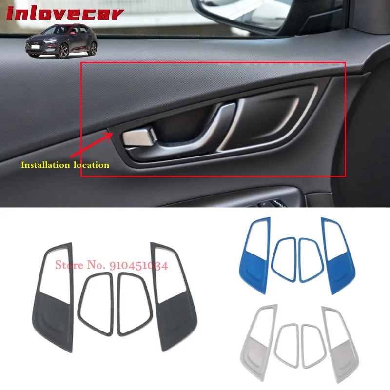 

Stainless steel interior Accessories Inner Door Handle Trim Cover Frame Silver 4pcs For Hyundai Kona Encino Kauai 2017 2018-2020