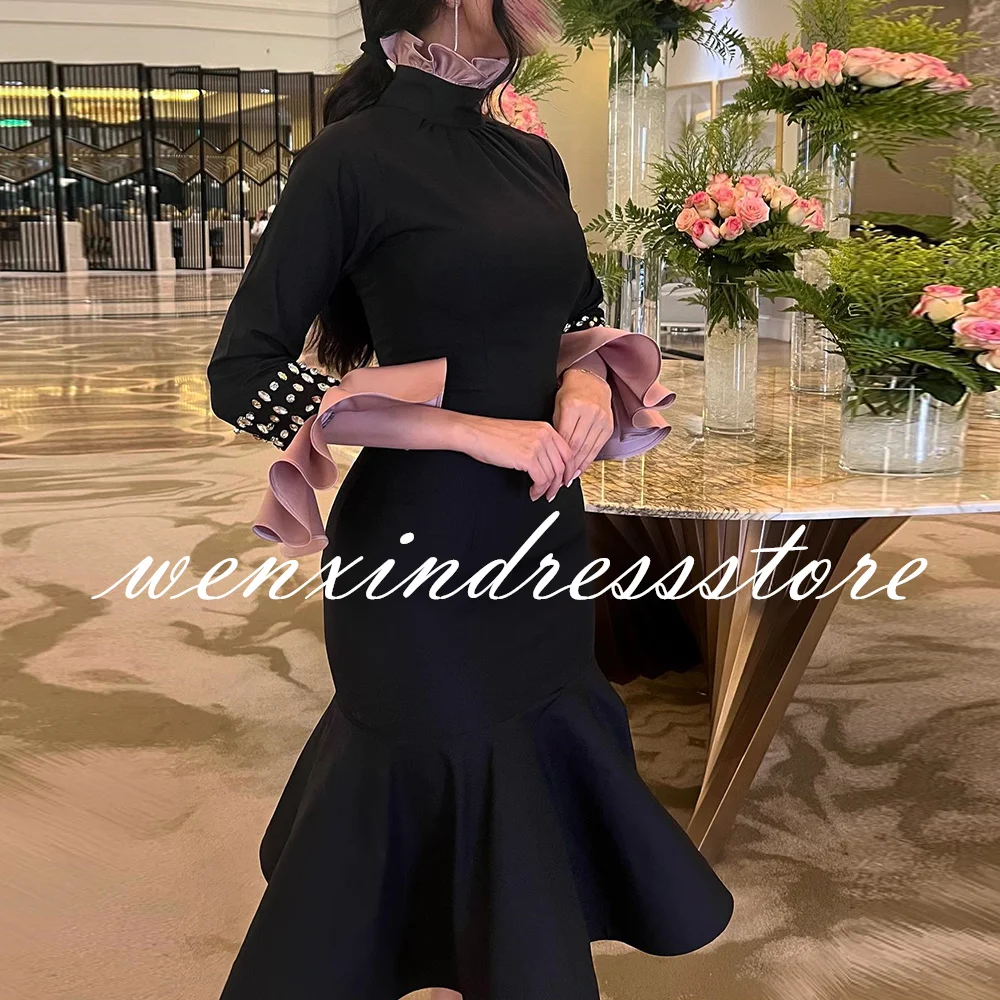 Customized Elegant Mermaid High Collar Jersey Evening Dress Sparkly Crystal Butterfly Sleeves Tea Length Long Sleeves Prom Gowns