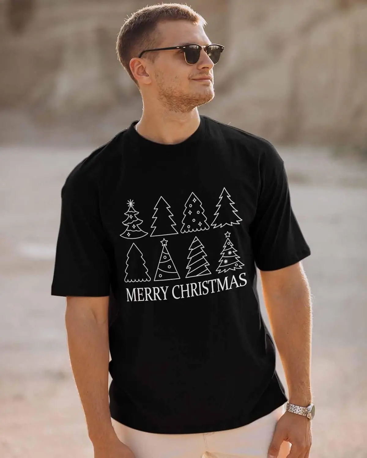 Men's T-Shirt, Novelty Graphic T-Shirt Merry Christmas Simple Black Xmas Tree Cotton Crew Neck Men's Short