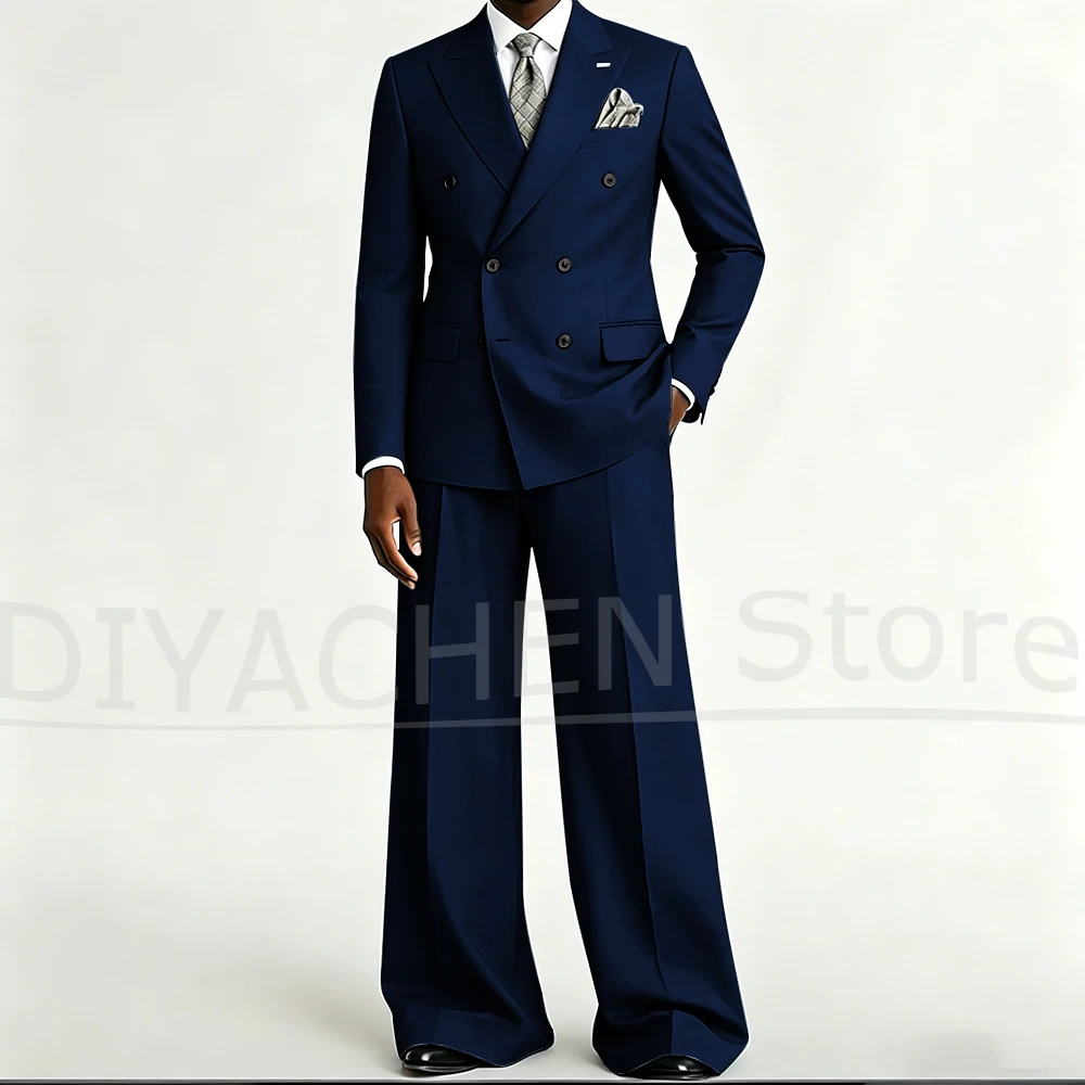 Men Double Breasted Suit 2 Piece Blazer Wide Leg Pants Set Formal Business Casual Custom Made Slim Groom Wedding Party Tuxedo