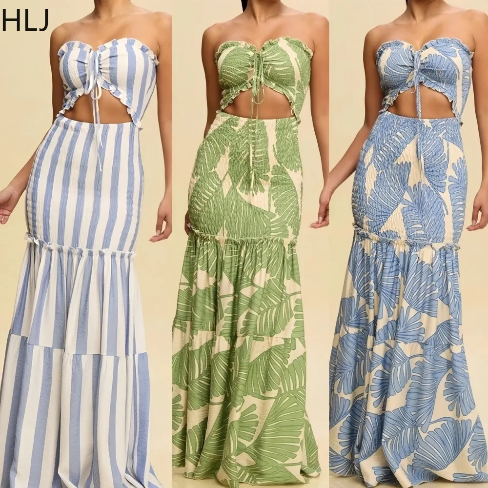 

HLJ Casual Tropical Palm Print Bodycon Long Dress for Woman Hollow Out Sleeveless Backless Dresses Female Streetwear Vestidos