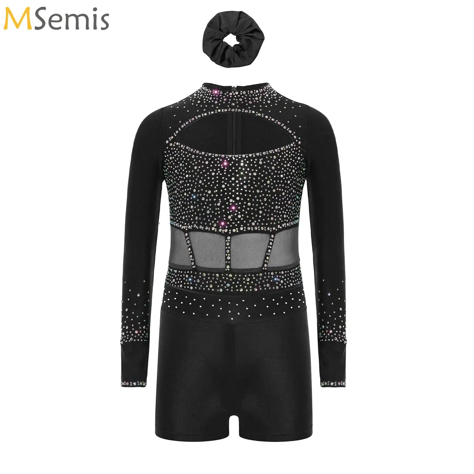 キラキララインストーンバレエダンスボディスーツ子供用女の子体操衣装長袖/ノースリーブレオタードショーツ付き帽子付き