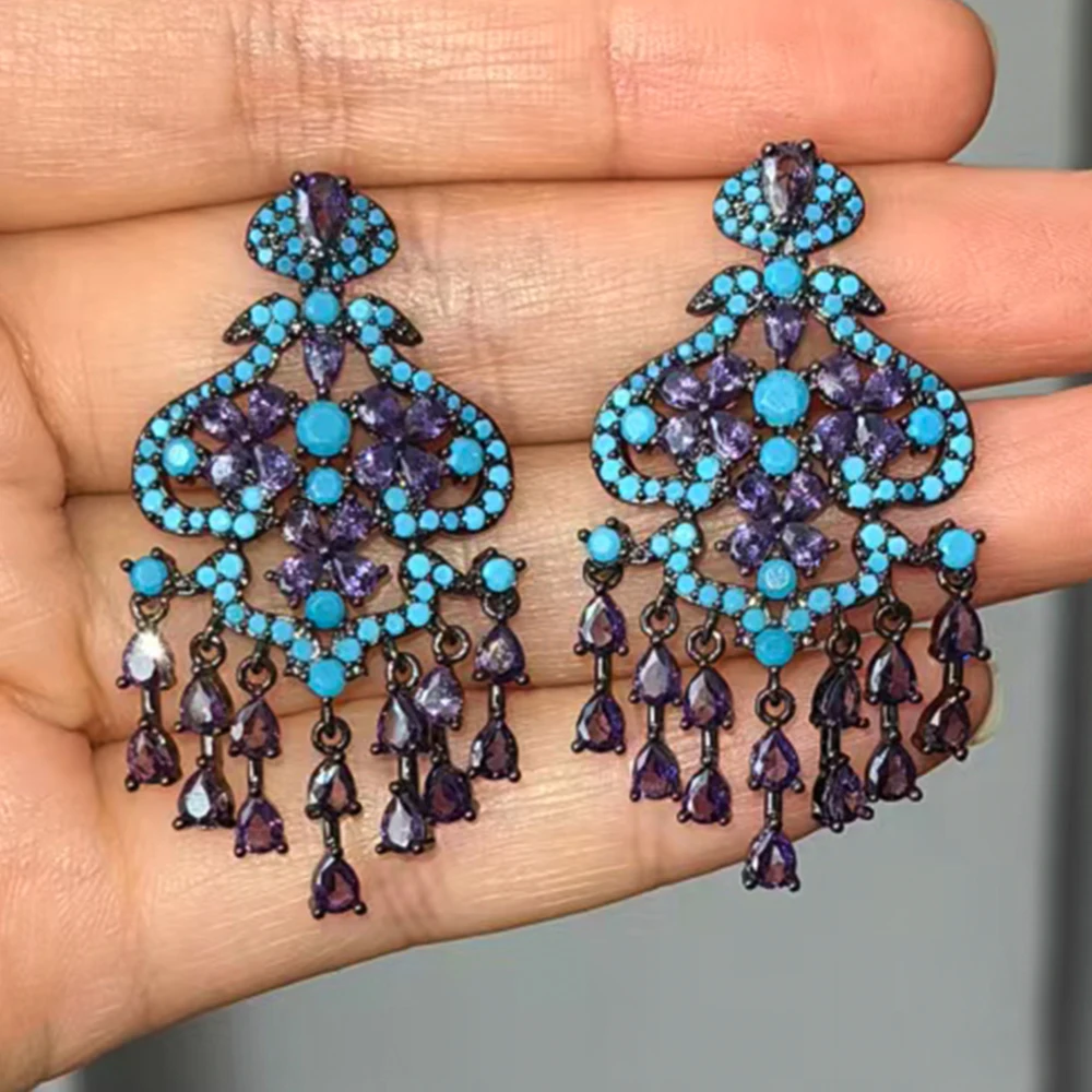 

vintage luxury earrings blue gold silver color flower pendant earrings wedding dinner party shiny zirconia