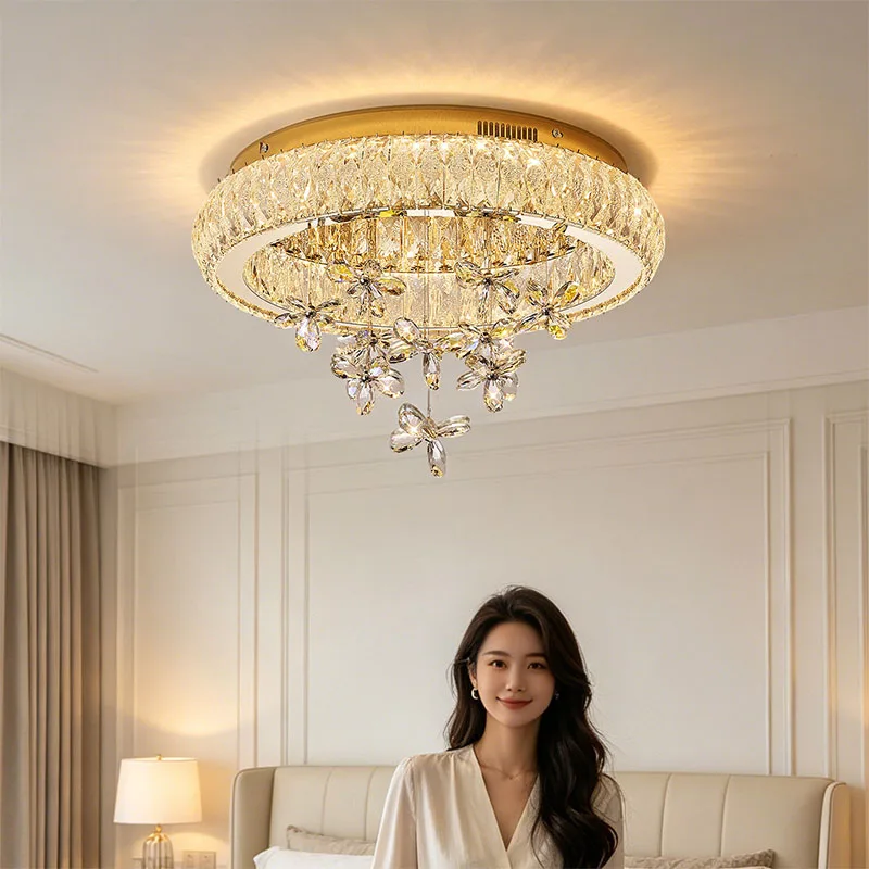 50cm Gold Floral Crystal LED Ceiling Light, 3‑Color Full‑Spectrum Smart Lamp
