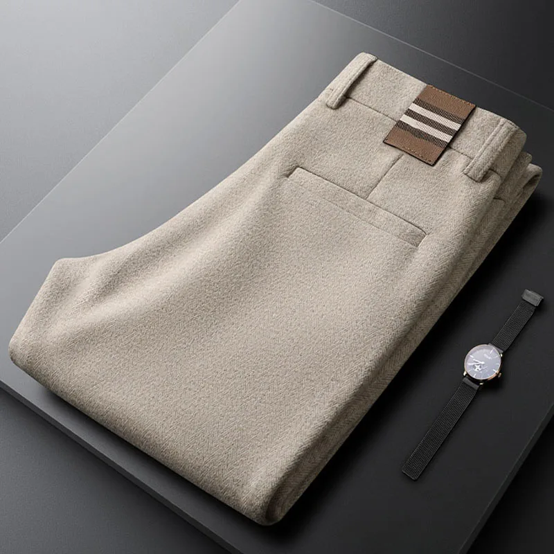 Light luxury khaki deep winter thick casual business pants men's small straight slim men's wool pants