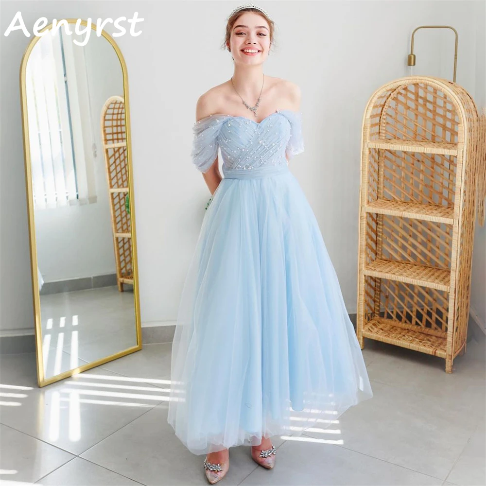 

Aenyrst Elegant Blue Sweetheart Pearls Evening Dresses Tulle A Line Off The Shoulder Prom Gowns Tea Length Birthday Party Dress