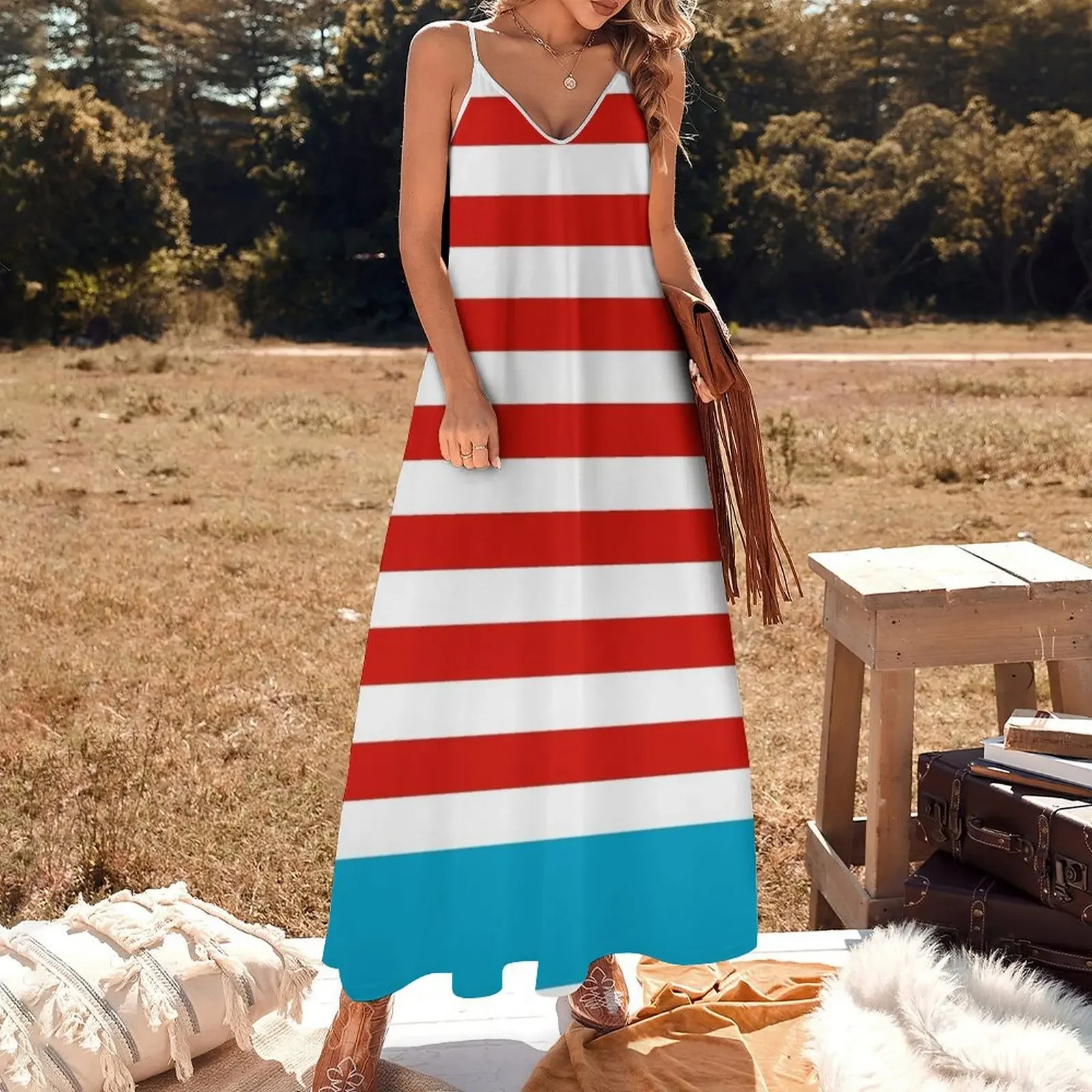 Red and white stripe, Wheres Waldo theme pattern Sleeveless Dress summer dress daily Dresses gala Long veiled dresses