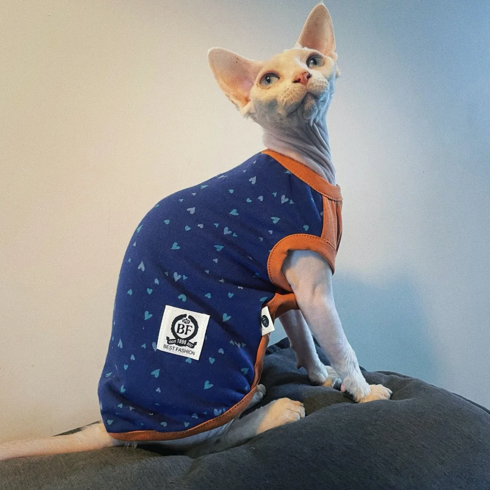 Spring Fashion Blue Orange Sweatshirt for Male Cats Cotton Cartoon Sleeveless T-shirt for Devon Rex Summer Vest for Sphynx Cat