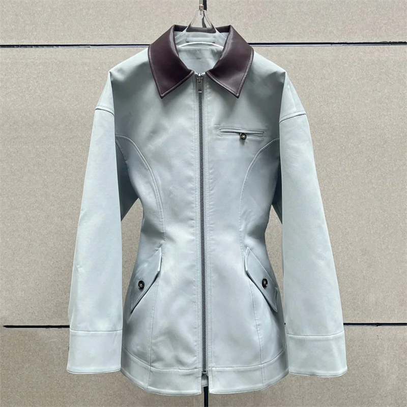 Women's jacket 2026 waist cinching slim fit lapel long sleeved top Artificial leather patchwork women's coat Casual outerwears