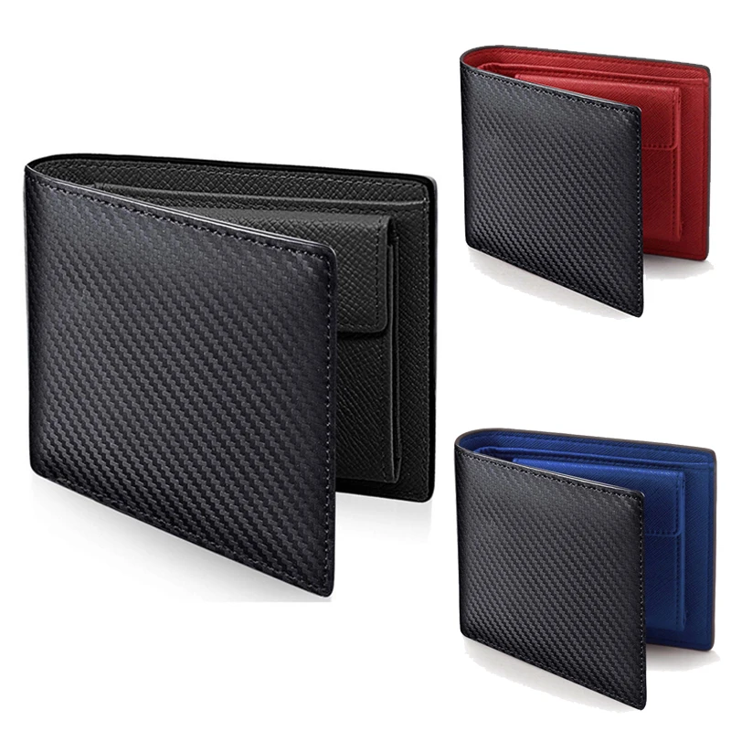 2023 Fashion Carbon Fiber Men's Leather Wallet Casual Two-fold Leather Long Wallet Women's Multi-Card Change Pocket Short Wallet