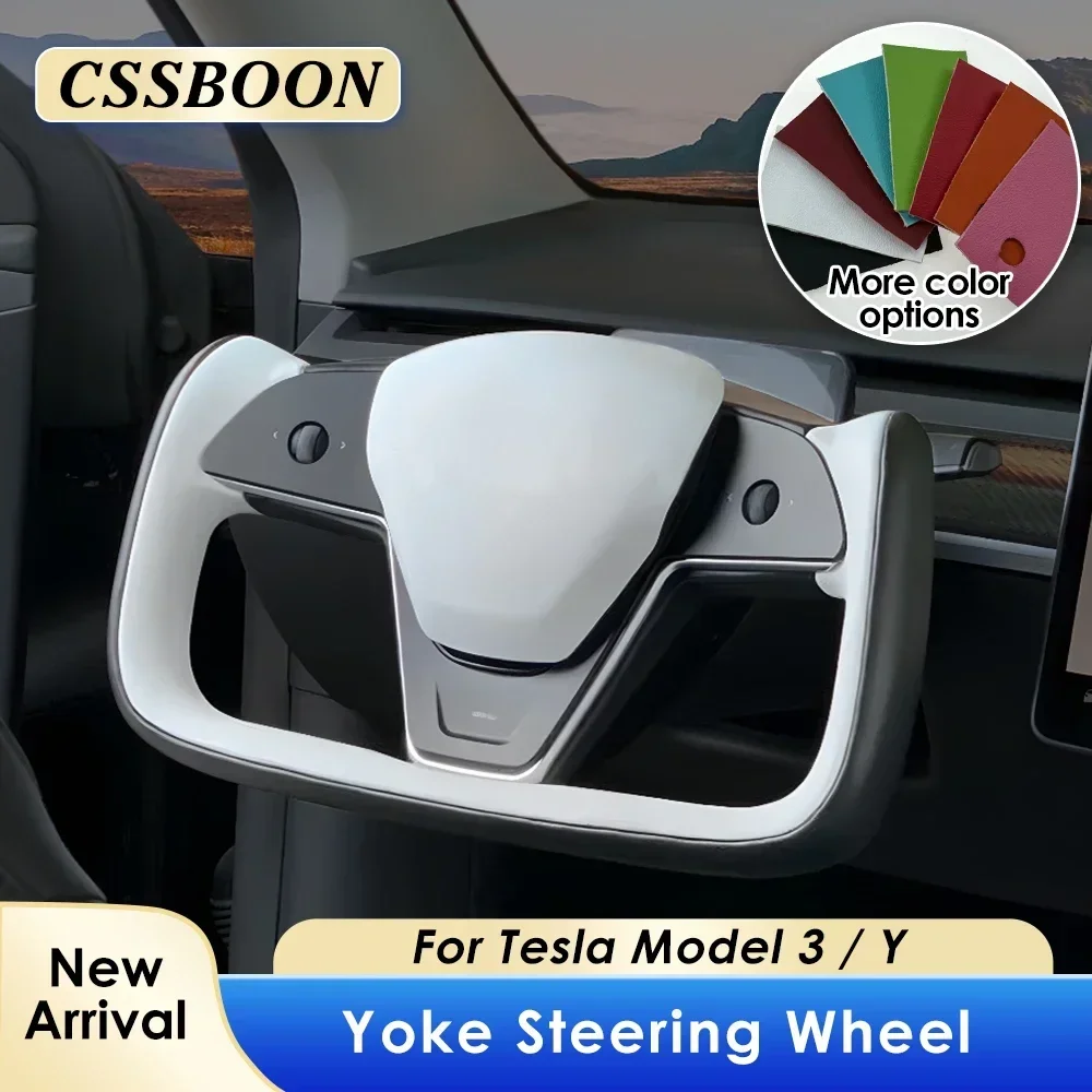 CSSBOON New Design 377mm Yoke Steering Wheel for Tesla Model 3 Model Y Color Mixed Racing Sport Nappa Leather Car Handle