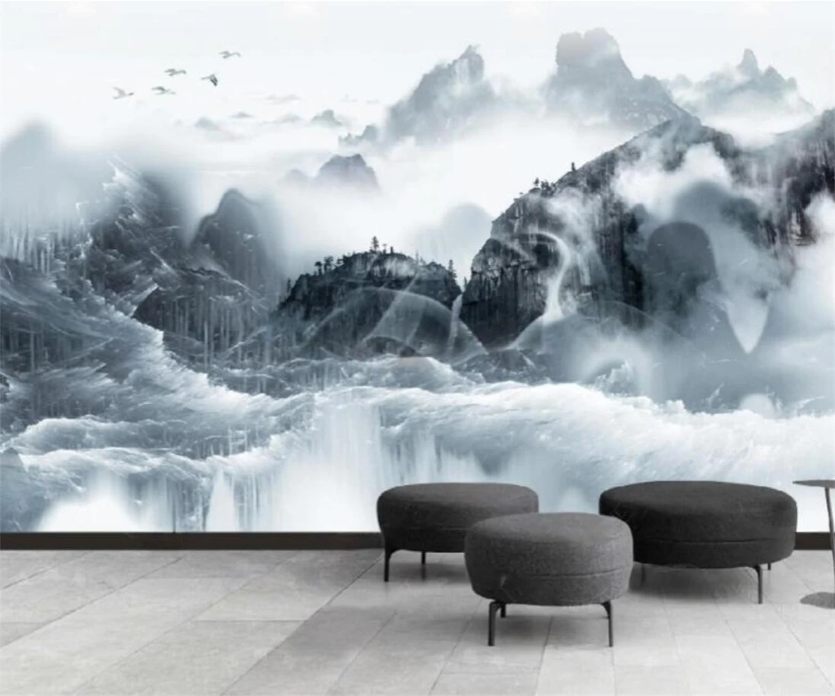 

New Chinese style hand-painted abstract ink landscape waterfall background wall decorative murals Custom size muras 3d wallpaper