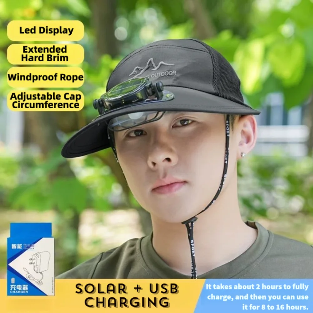 

Mesh Sun Hat with Solar Fan Breathable USB Recharging Wide Brim Fan Cap Adjustable Waterproof Solar Cooling Hat Farmer