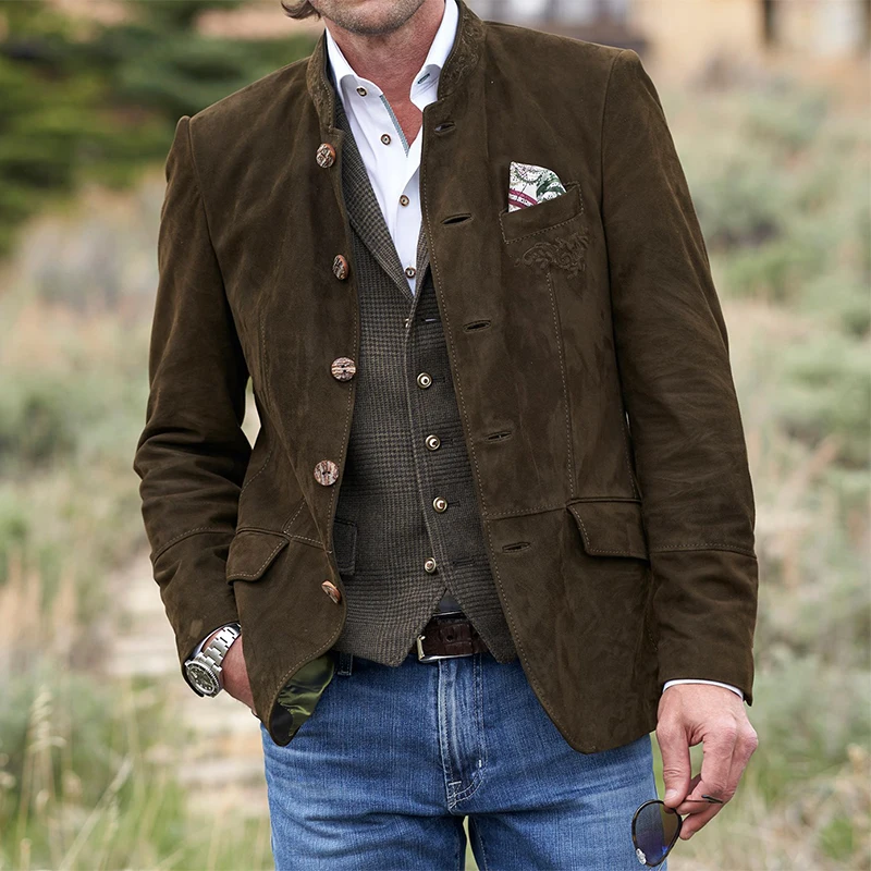 

2024, весенняя новая повседневная мужская куртка, пальто, винтажный однобортный пиджак с отложным воротником, мужские стильные однотонные верхняя одежда