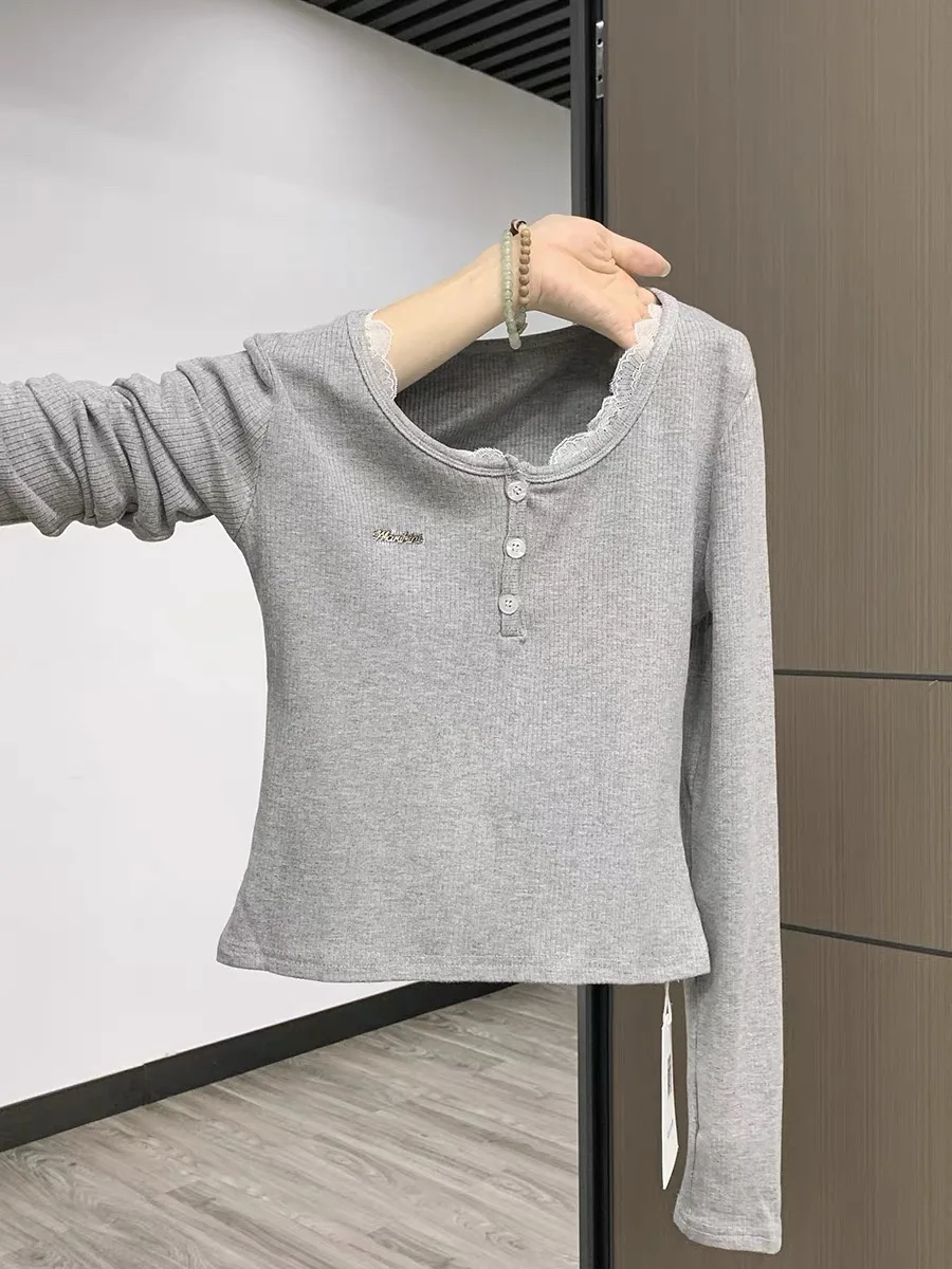 

Women's Long Sve T-irt 95 Cotton Lace Button Base irt Spring Autumn plus Size Slim Fit Inner Wear Travel Casual Sle