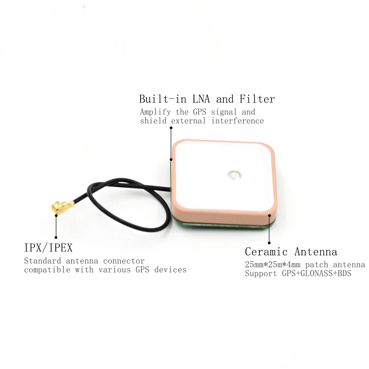 QUESCAN 28dB 1575.42MHz IPX GPS GNSS Antenna IPEX for GPS Module Active internal GPS GLONASS Galileo BeiDou Antenna,25*25*6.2mm