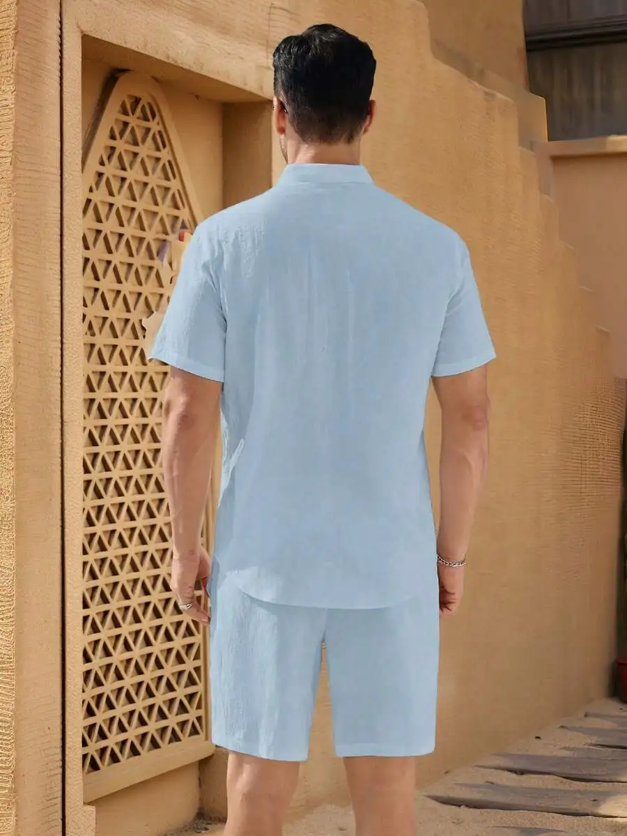 

HIMLAND Manfinity Modomio 2pcs Men's Woven Stand Collar Slim Fit Short Sleeve Light Blue,Summer,Casual,Vacation,Holiday
